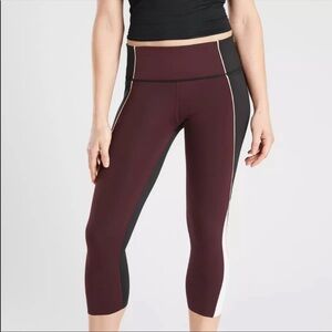 Athleta Velocity Colorblock Capri Leggings Stash Pocket Antique Burgundy/Black S